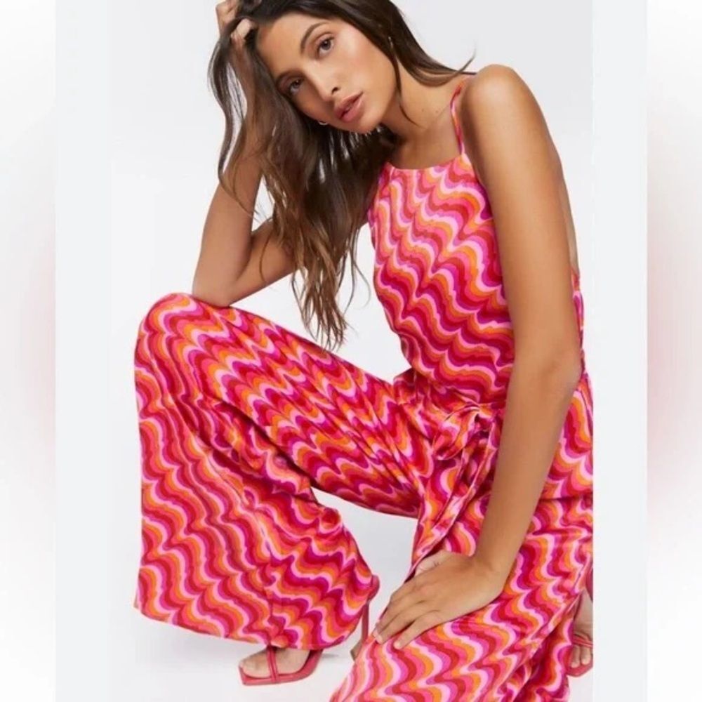 Forever 21 Satin Print Jumpsuit Size M Pink Orange Wide Leg